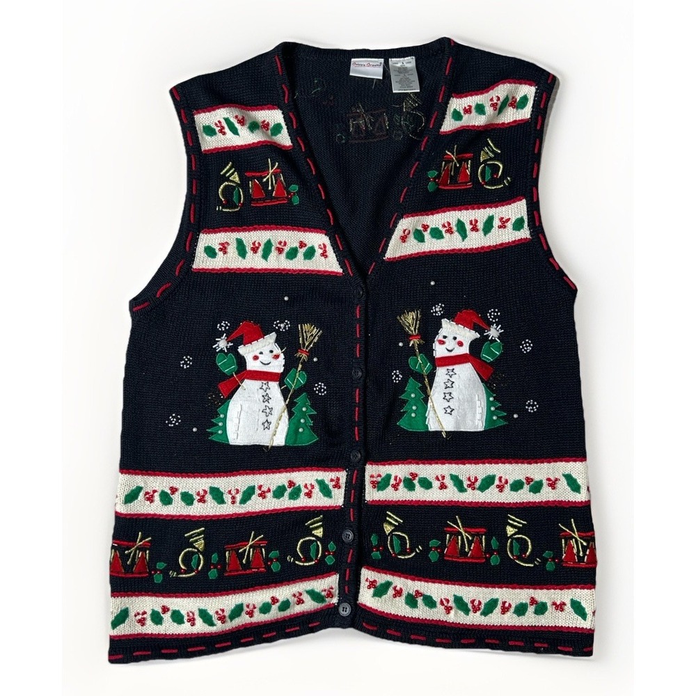 Bobbii Brooks Christmas Sweater Vest L Snowman Beaded Ugly Holiday Ramie Cotton
